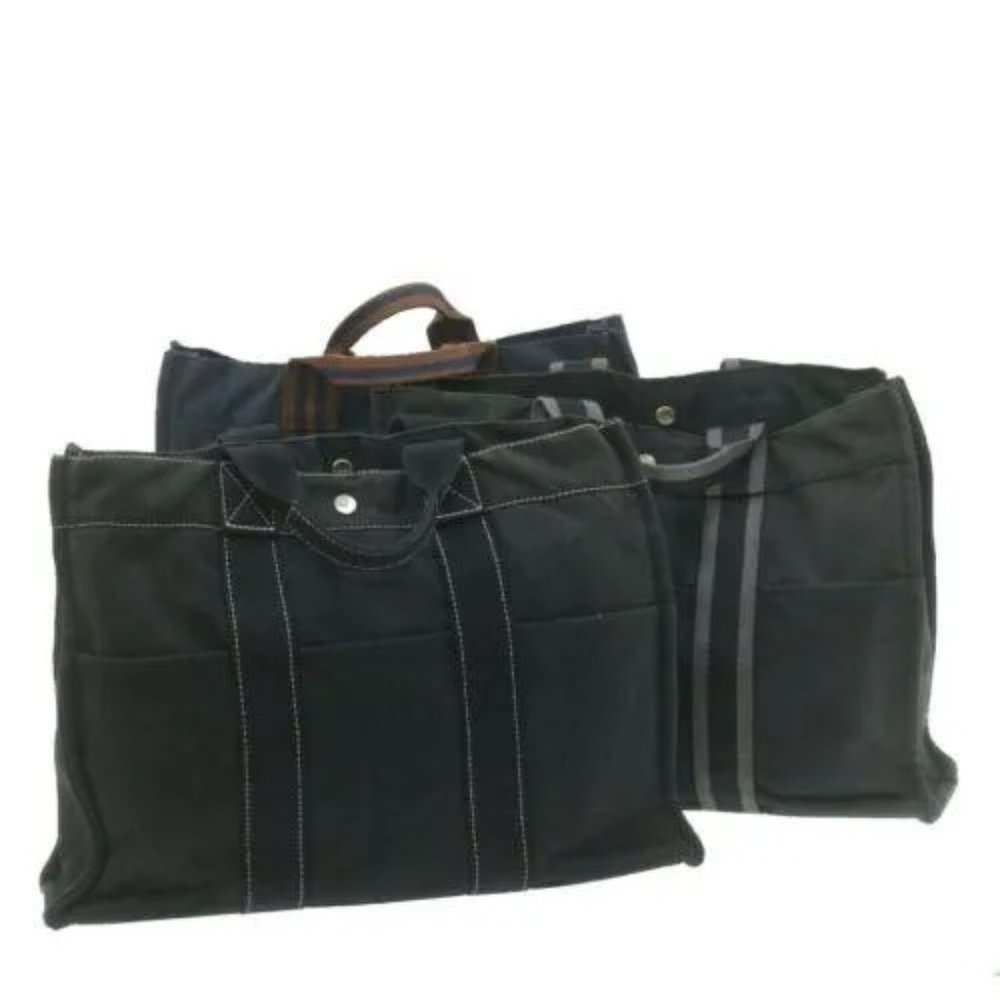 HERMES Fourre Tout MM Hand Bag Navy Black 3Set Cotton